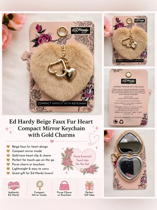 Ed Hardy Faux Fur Heart Compact Mirror Keychain Gold Charm Y2K NWT