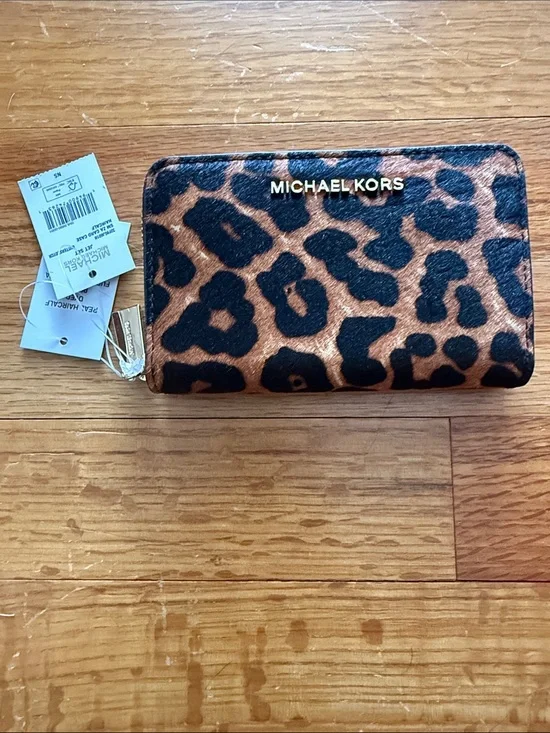 Michael Kors Leopard Print Zip Card Holder - Brown Black with Gold Logo