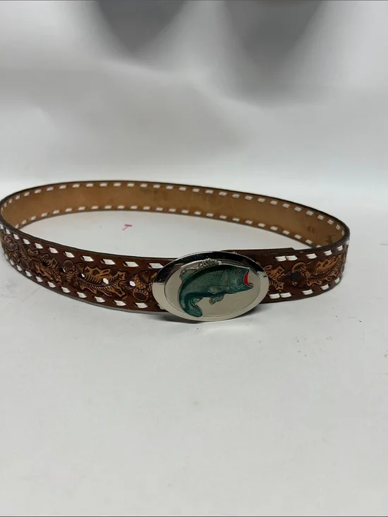 Brown Tooled Leather Fish Buckle Belt 32 Mickey