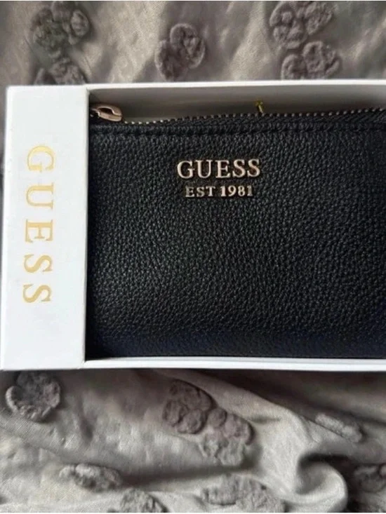 GUESS Black Pebbled Zip Card Holder with Gold Logo