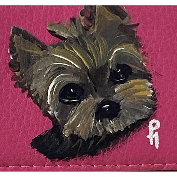 Artist Painted Yorkie Puppy Card Holder Pink Faux Leather Compact‎ Gift Magnetic