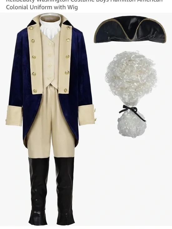 Boys Colonial Navy and Cream Revolutionary Costume with Wig and Tricorn Hat