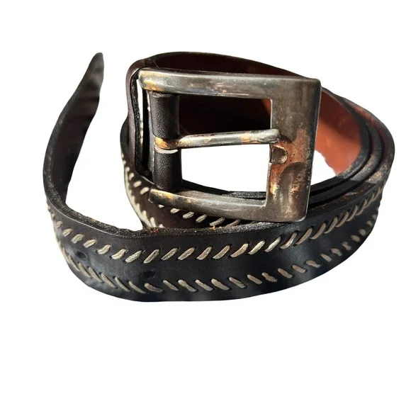 Trafalgar Mens Leather Belt Brown Stitched Casual Silver‎ Buckle Size 38