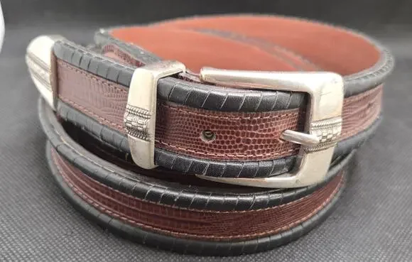 Jos A Bank Brown Black Lizard-Embossed Leather Belt Silver Buckle Sz 46 X 1.5