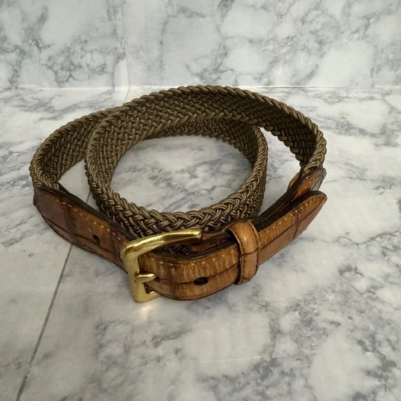 NM Neiman Marcus Braided Belt 34 Olive Green Leather Alligator Emboss 227 USA