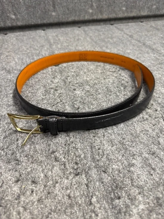 Jos. A. Bank Black Leather Belt with Gold Buckle and Orange Interior