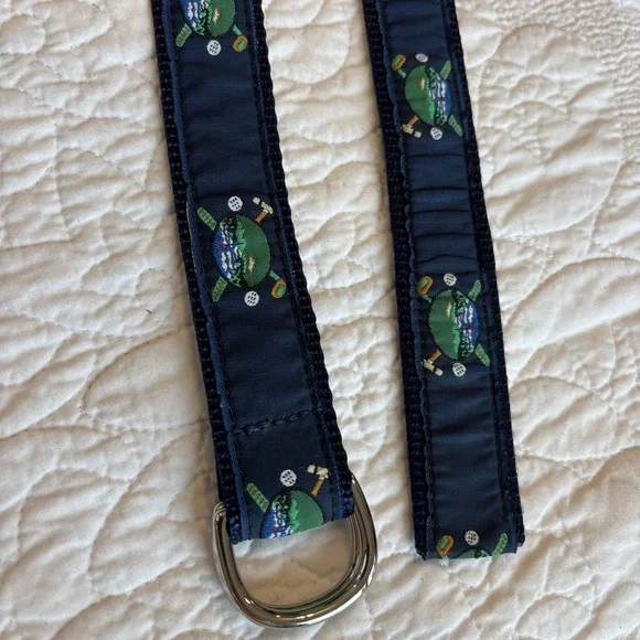 Leather Man Ltd Golf Course Clubs Woven Ribbon Belt SZ LG Navy Silver Buckle