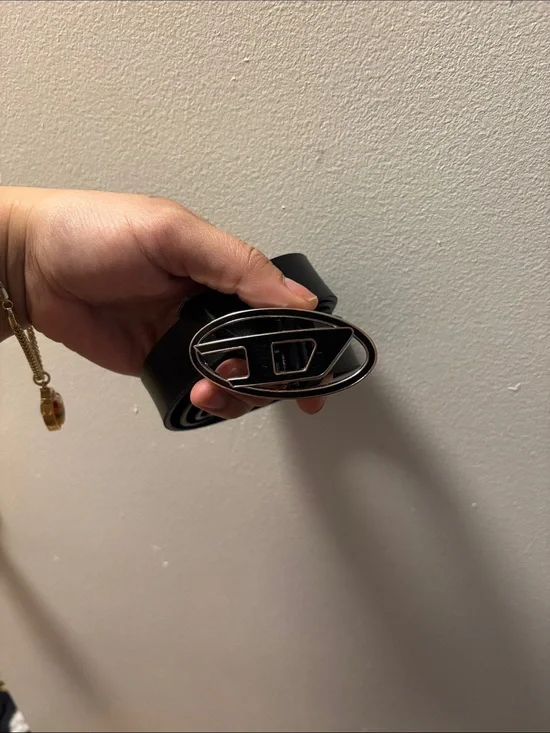 Diesel Black Leather Belt with Silver Oval Logo Buckle