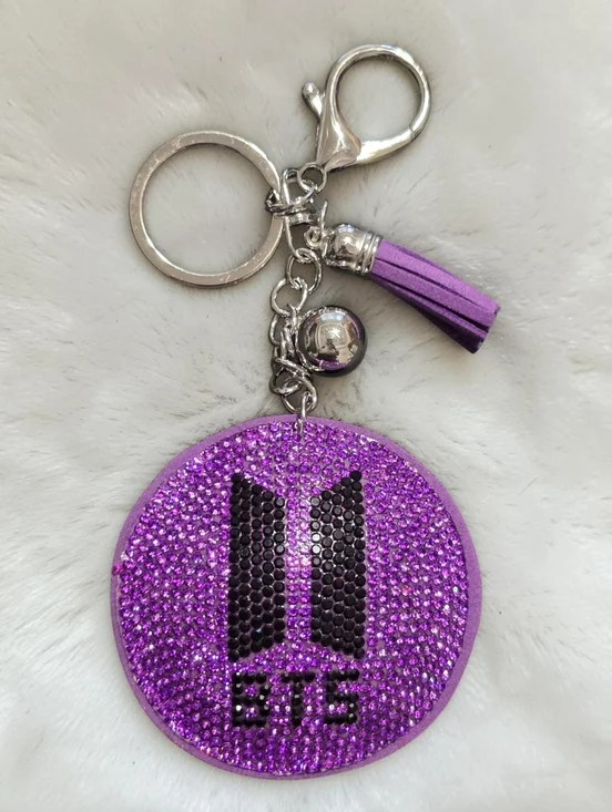 Purple BTS ARMY Rhinestone With Tassel Keychain KPop Bag Charm Silver Hardware