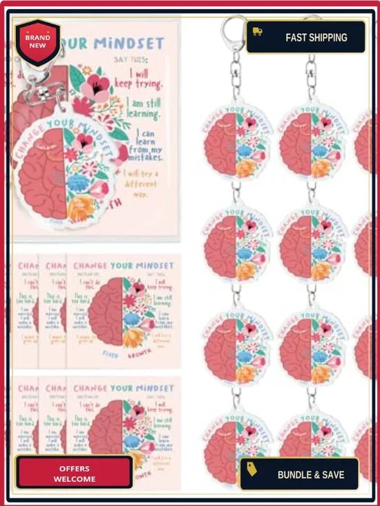 50 Growth Mindset Keychains with Cards, Acrylic Inspirational Keyrings for