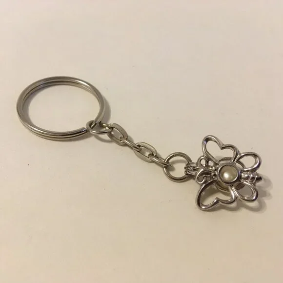 Butterfly Key Chain Silver Tone Metal Cage White Pearl Stone 3D Ring Charm Fob