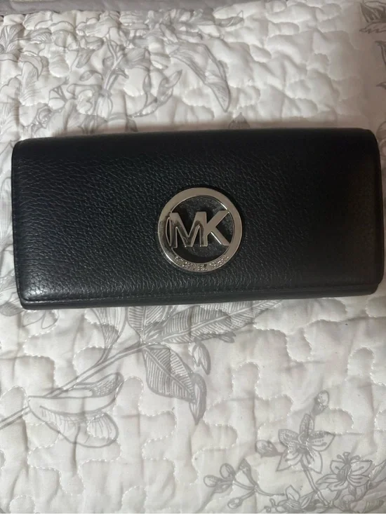 Michael Kors Black Leather Continental Wallet with Silver MK Emblem