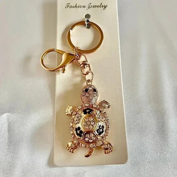 Turtle Key Chain Or Bag Charm Black/White Crystal Rhinestone Gold Tone Hardware