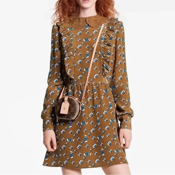 Louis Vuitton Retro Multicolor Monogram LV Collared Ruffle Mini Dress Silk 38