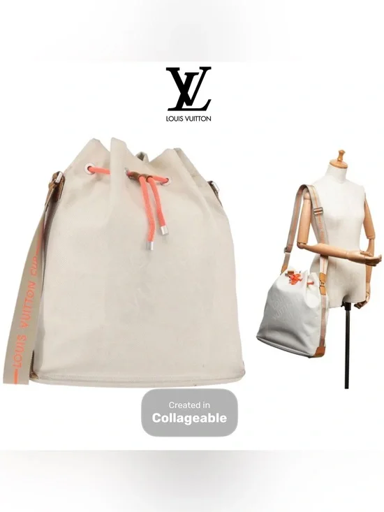 👜 LOUIS VUITTON Cream Canvas Drawstring Bucket Bag Damier Geant White Coral