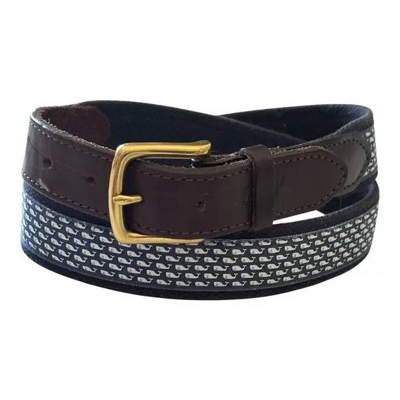 Vineyard Vines Golf Belt Mens Size 36 Blue Whale Monogram Brown Leather Preppy