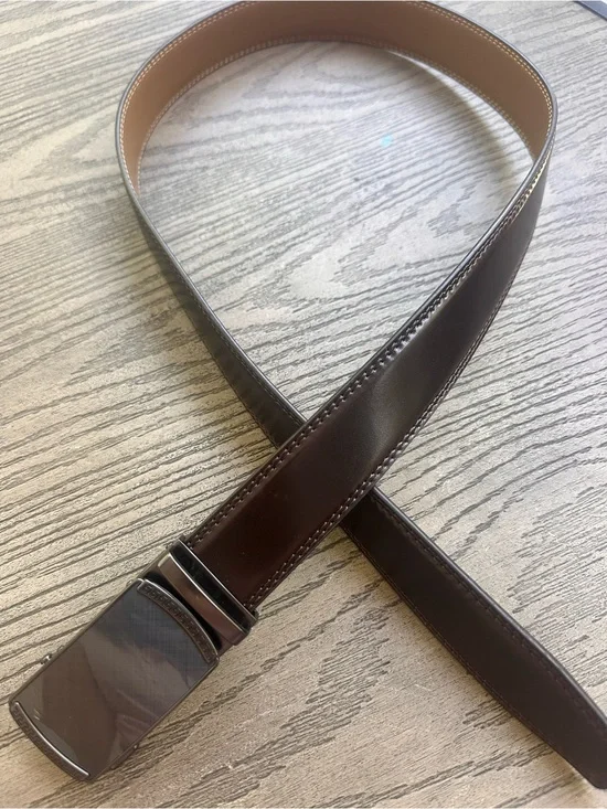 Men's Dark Brown Leather Reversible Dress Belt with Polished Buckle