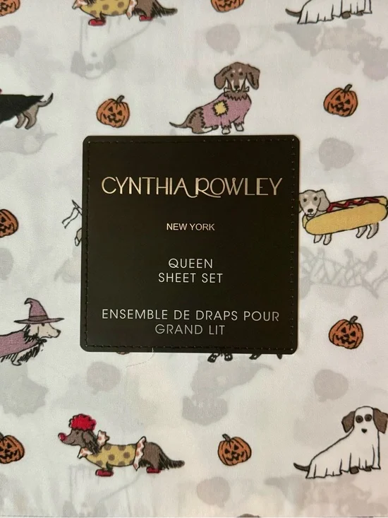 Cynthia Rowley Queen Sheet Set with Colorful Costume Dachshund & Pumpkin Print