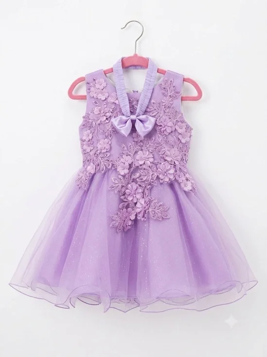 Girls Lavender Embroidered Tulle Party Dress with Bow