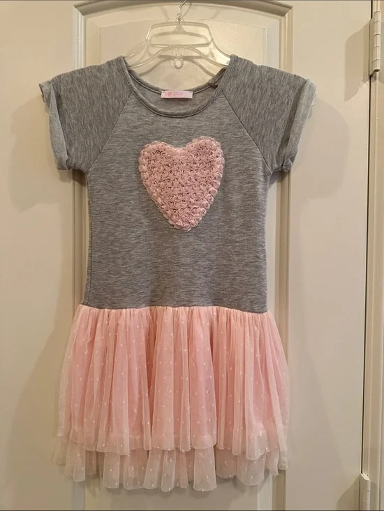 Girls' Grey Knit Dress with Pink Heart and Pink Tulle Skirt