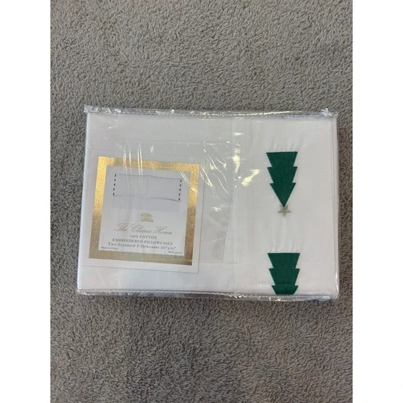 The Classic Home White Cotton Christmas Tree Embroidered Pillowcases Set of 2
