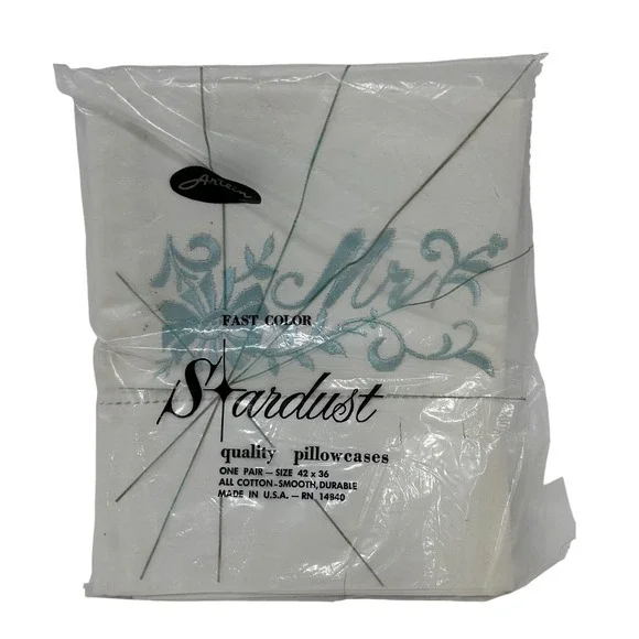 Vintage Stardust Mr‎ and Mrs Embroidered Pillowcases White Blue Set of 2 NOS