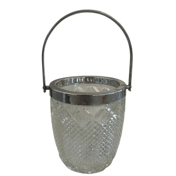 Vintage FB Rogers Mini‎ Ice Bucket Diamond Point Lead Crystal Silver Trim 4