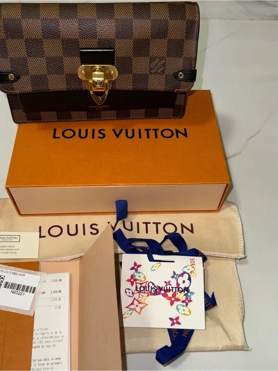 Louis Vuitton Brown Damier Ebene Clasp Wristlet with Gold Hardware