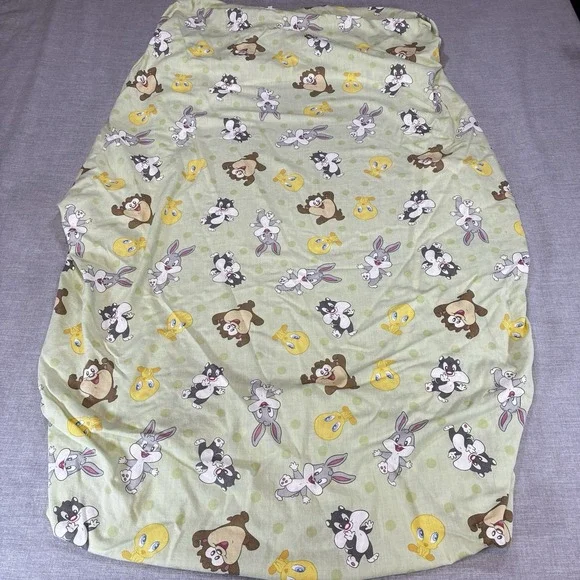 Vintage Baby Looney Tunes Green Fitted Crib Sheet Bugs, Tweety, Sylvester, Taz