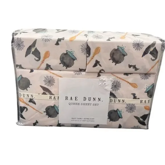 Rae Dun 4 pc QUEEN Pink Halloween Sheet Set Cauldron Wicked Witch Hat Broom NEW
