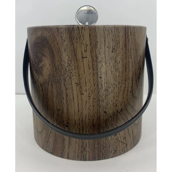 Vintage Irvinware Ice Bucket MCM Bar Ware Vinyl Wood Grain Lucite Handle 7.5