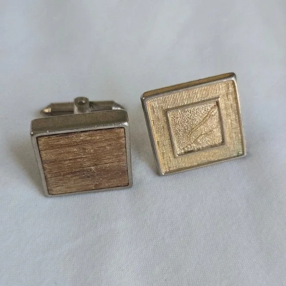 VTG Mismatched Square Cufflinks Gold Brown Mens OS Wood Grain Jewelry‎ Unbranded