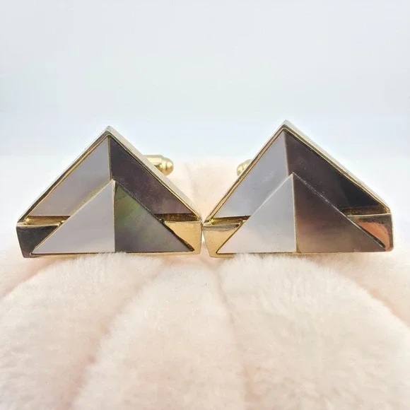 Vtg 75 Yr Old Triangle Cufflinks Geometric Mother Of Pearl Mid-Centur Gold Plate