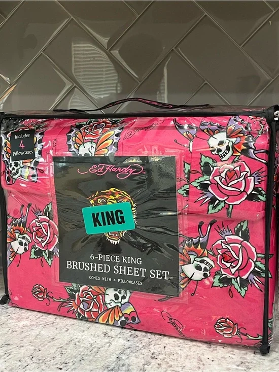 Ed Hardy King Brushed Sheet Set - Hot Pink with Rose & Skull Print NEW