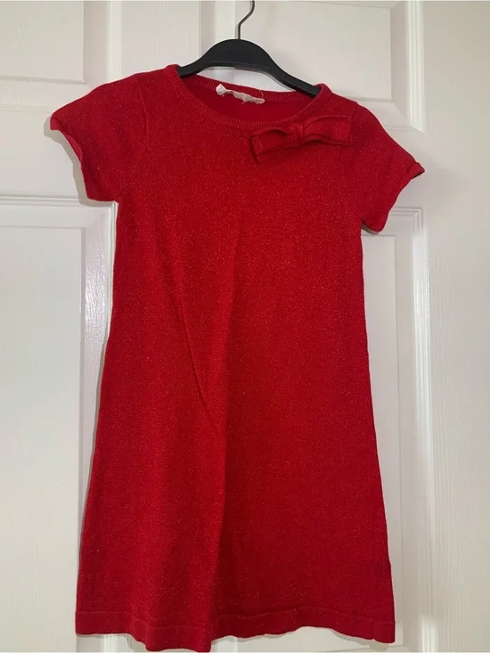 H&M Girls Red Sparkle Knit Dress with Bow, size 6-8