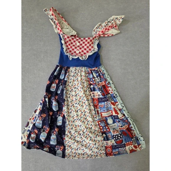 Boutique 4th of July Patriotic Ruffle Sleeve Dress Girls Sz 10/12 Red White Blue