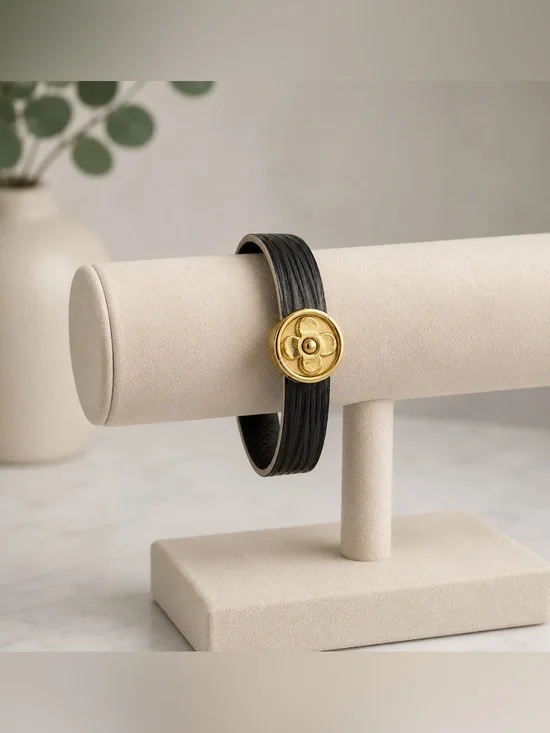 Louis Vuitton Black Leather Bracelet with Gold Monogram Medallion
