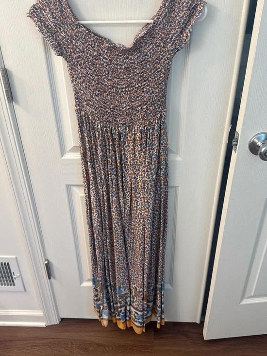 Girls' Smocked Floral Maxi Dress in Blue and Brown