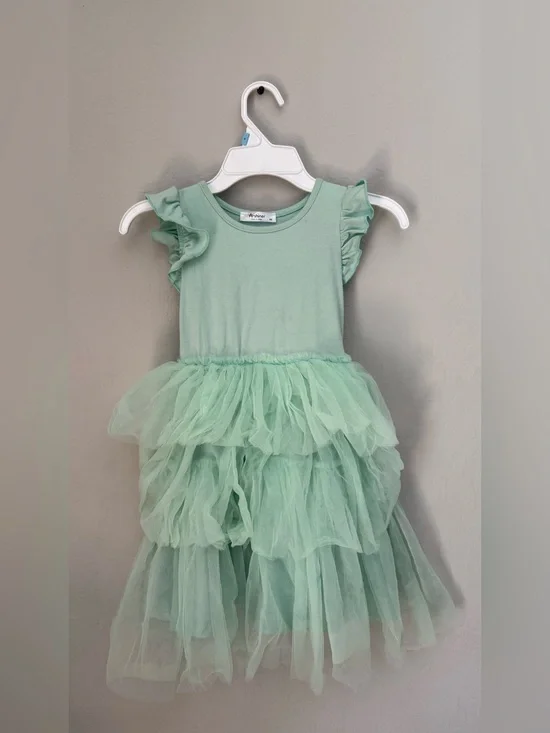 Artisan Mint Layered Tulle Dress with Ruffle Sleeves