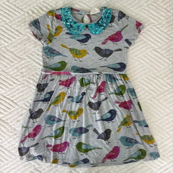 Mini Boden Girls Size 6-7 Bird Print Dress Sequin Peter Pan Collar Gray