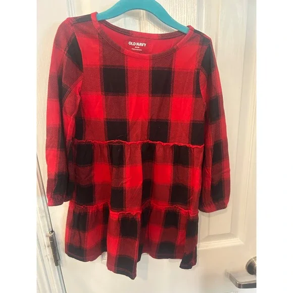 Old Navy Dress Red Black Buffalo Plaid Tiered Ruffle Cotton Holiday Kids XS 5