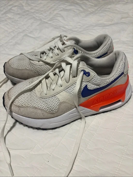 Nike Airmax Neutral Mesh Sneakers with Blue Swoosh and Orange Heel