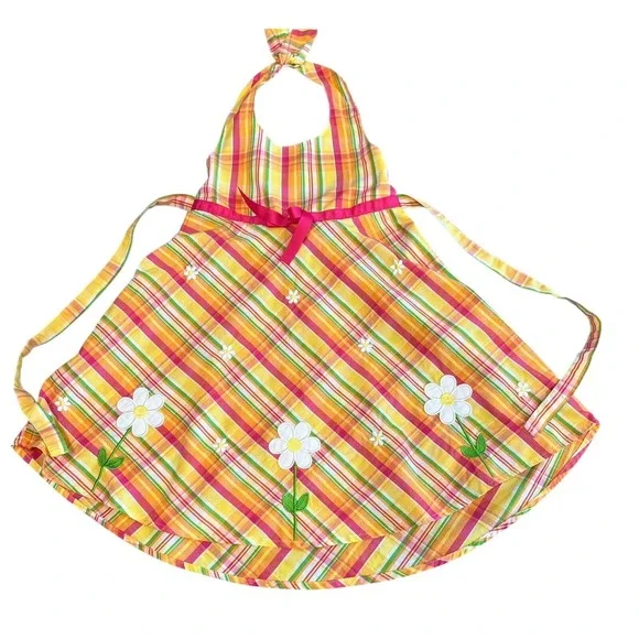 (B5) Blueberi Boulevard Girls‎ Plaid Daisy Halter Dress Orange Pink Yellow 12
