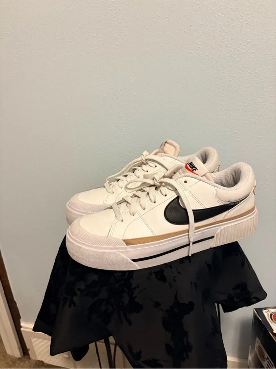 Nike Women’s Court White Sneakers with Black Swoosh and Gold Accent