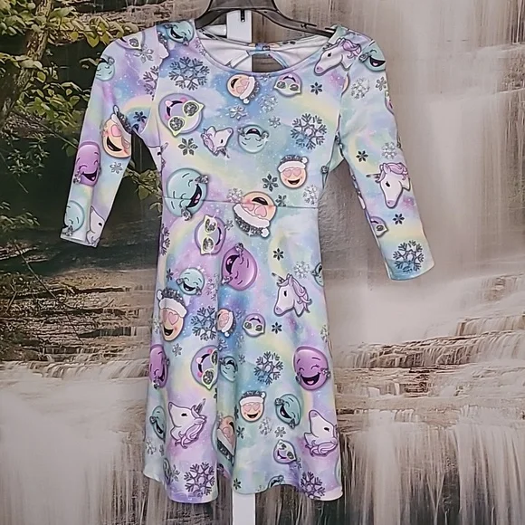 Justice Girls 10 winter theme emoji unicorn neon rainbow long sleeve dress