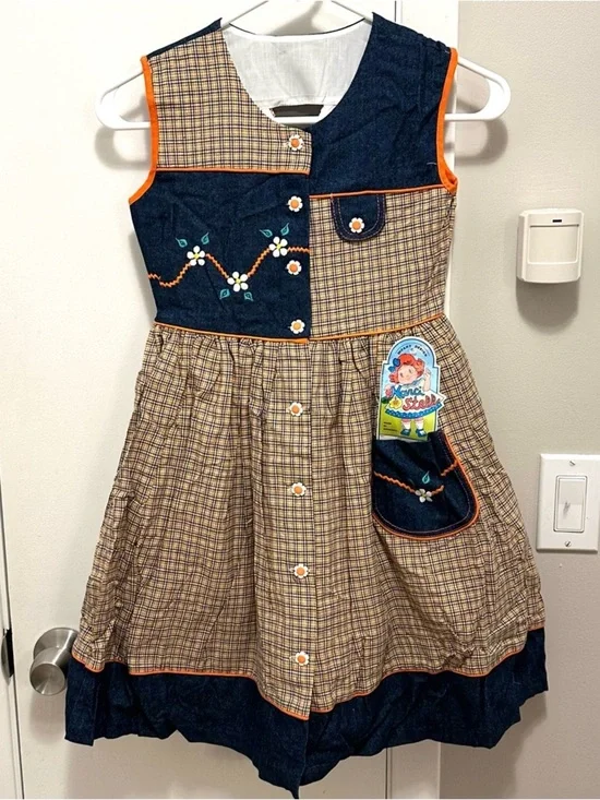 Vintage Narci Stell Sleeveless Patchwork Plaid Denim Flower Dress Girls 8 orange