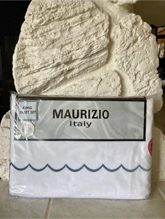 Maurizio Italy King Sheet Set White w/ Dark Gray Blue Embroidery Percale Cotton