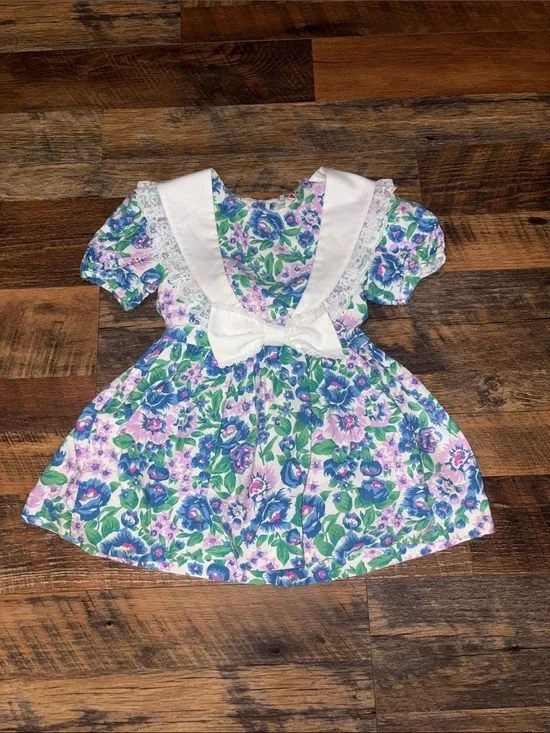 Vtg 90s JM Rags Girls 5 Floral Dress Lace V Bib Collar Bow Puff Sleeve cottage
