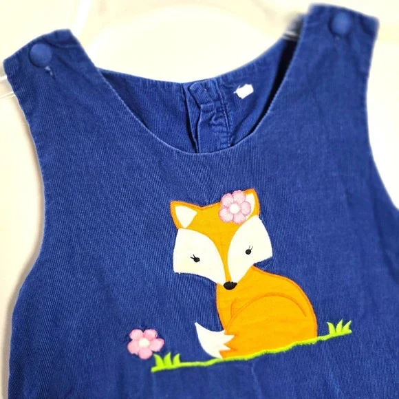 Vintage Girls 3T Blue Corduroy Jumper Dress Fox Applique Fall Autumn Cottagecore