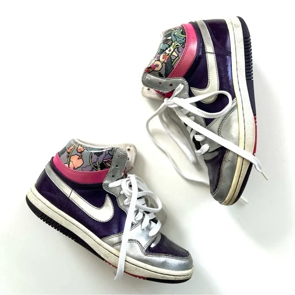 Nike Silver, Pink, Purple Floral Print Court Force Hi Top Sneaker Shoes